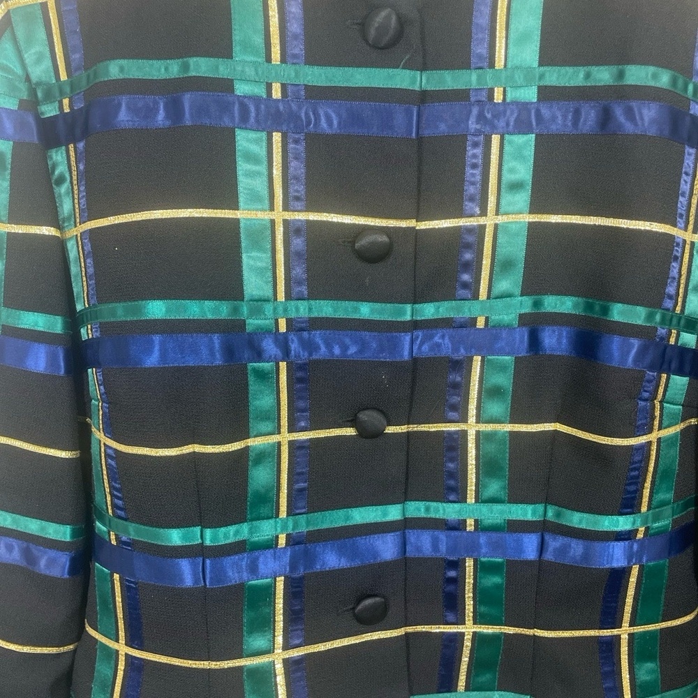 Talbots Vintage Black Multi Plaid Ribbon Jacket size 8 Christmas Holiday Festive - Picture 3 of 9